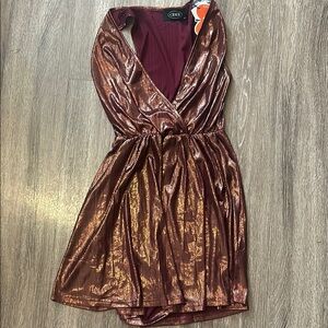 Cider Metallic Maroon Chain Tie Front Mini Sundress